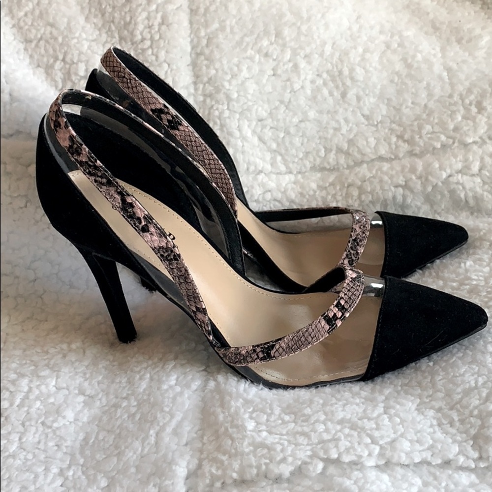 Black heels with clear and snakeskin details